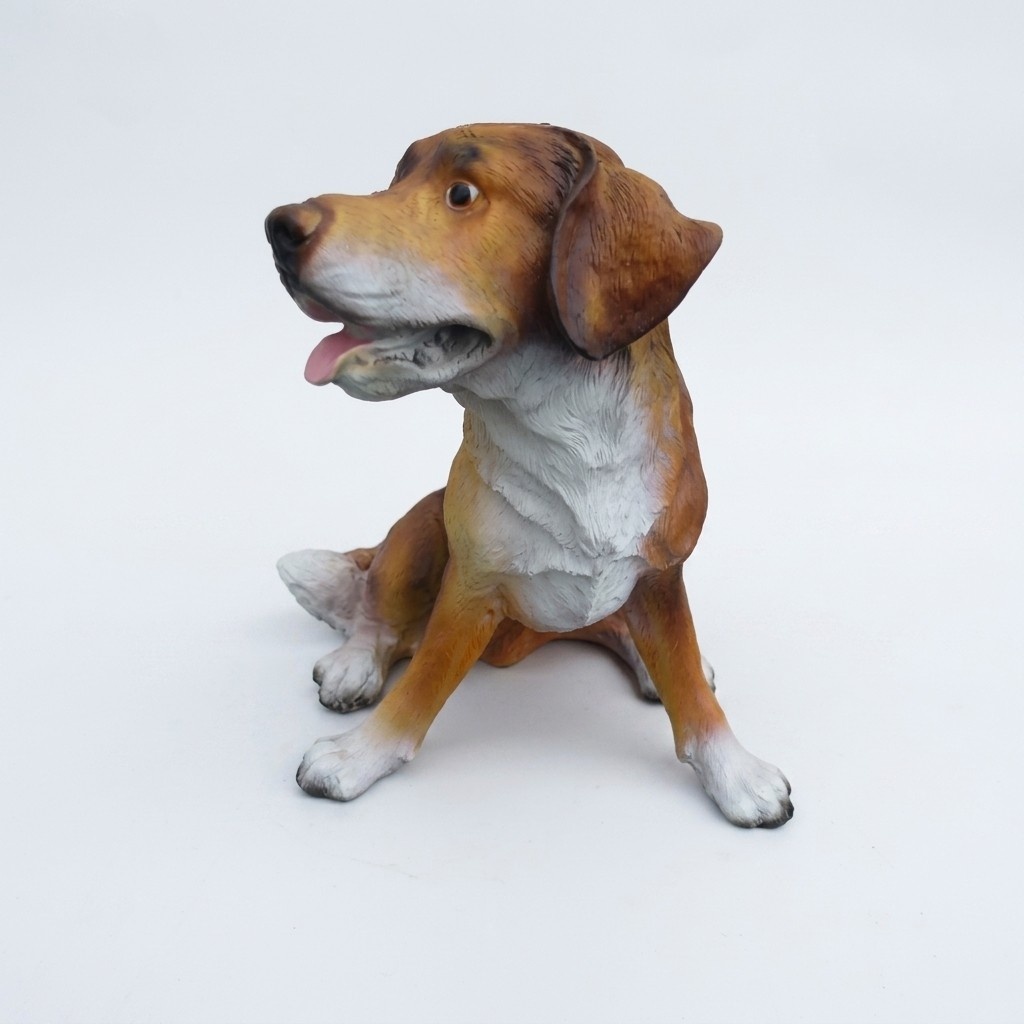 Light brown white motley colored decorative sculpture designed as sitting puppy 30cm (A353)