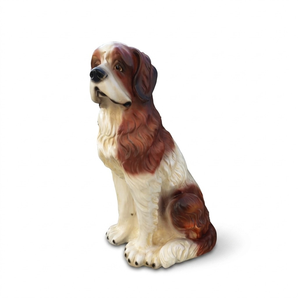 Decorative sculpture designed as an original motley white brown colored shaggy dog 75cm
