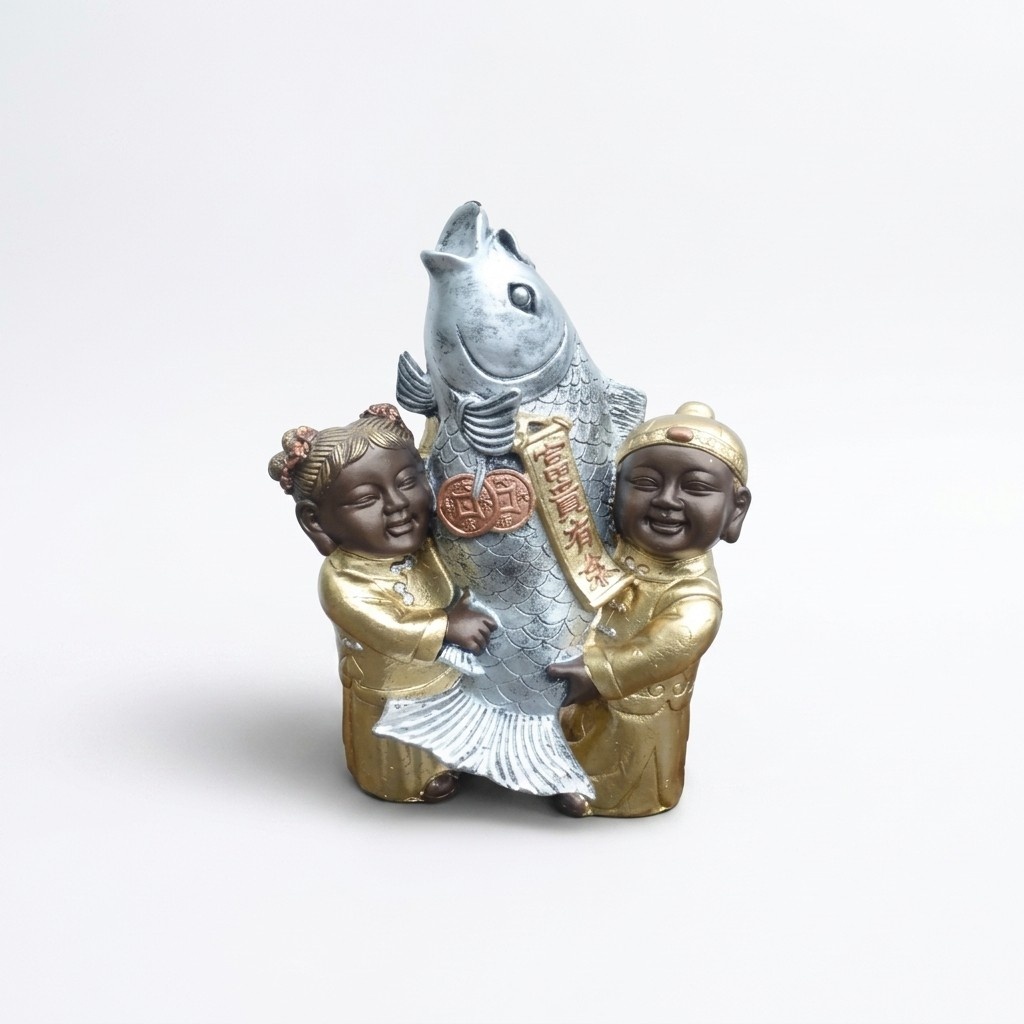 Chinese traditional sculpture designed as babies holding a fish figure 44cm height