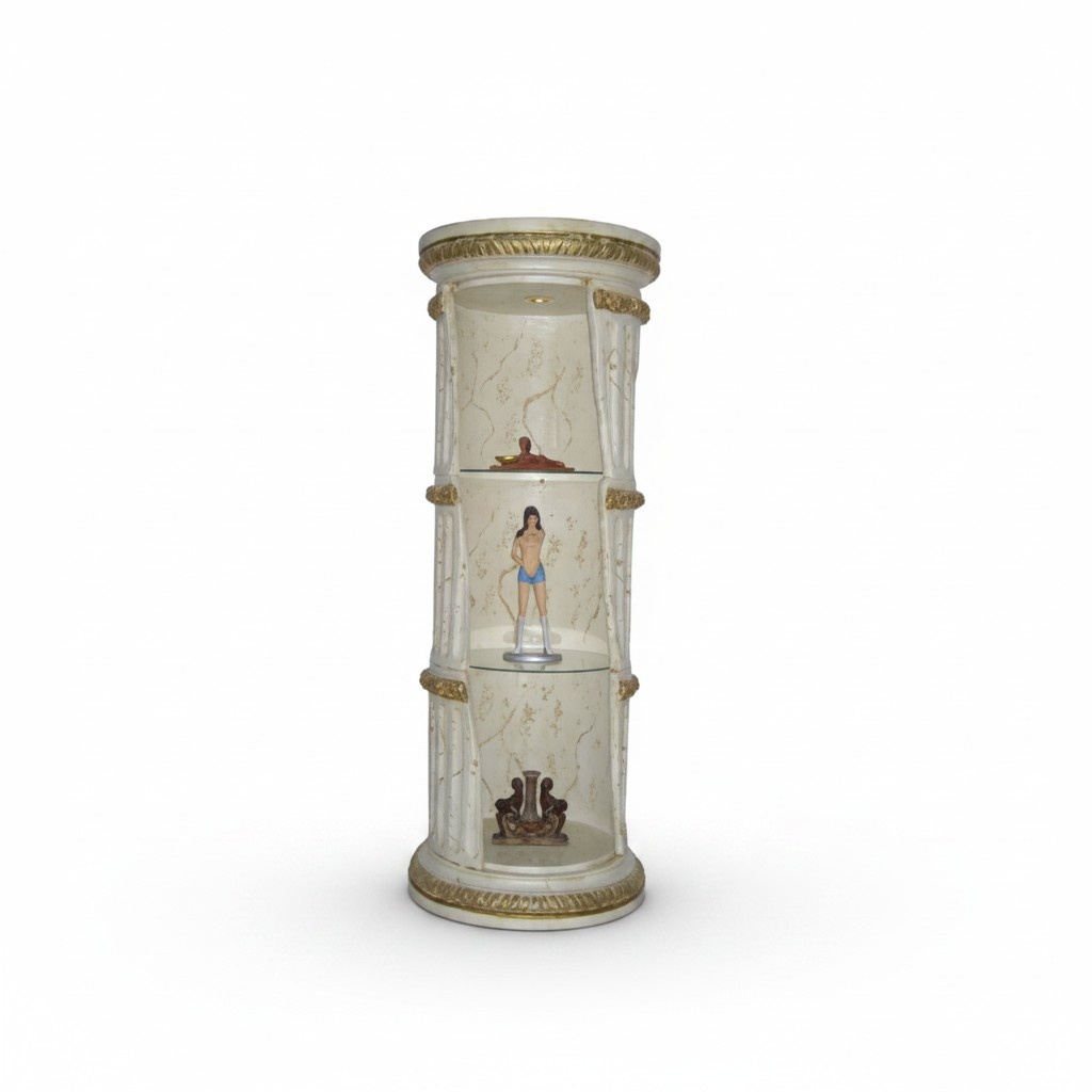Decorative showcase design as round ancient egyptian column with shelves & lights, 160 cm height