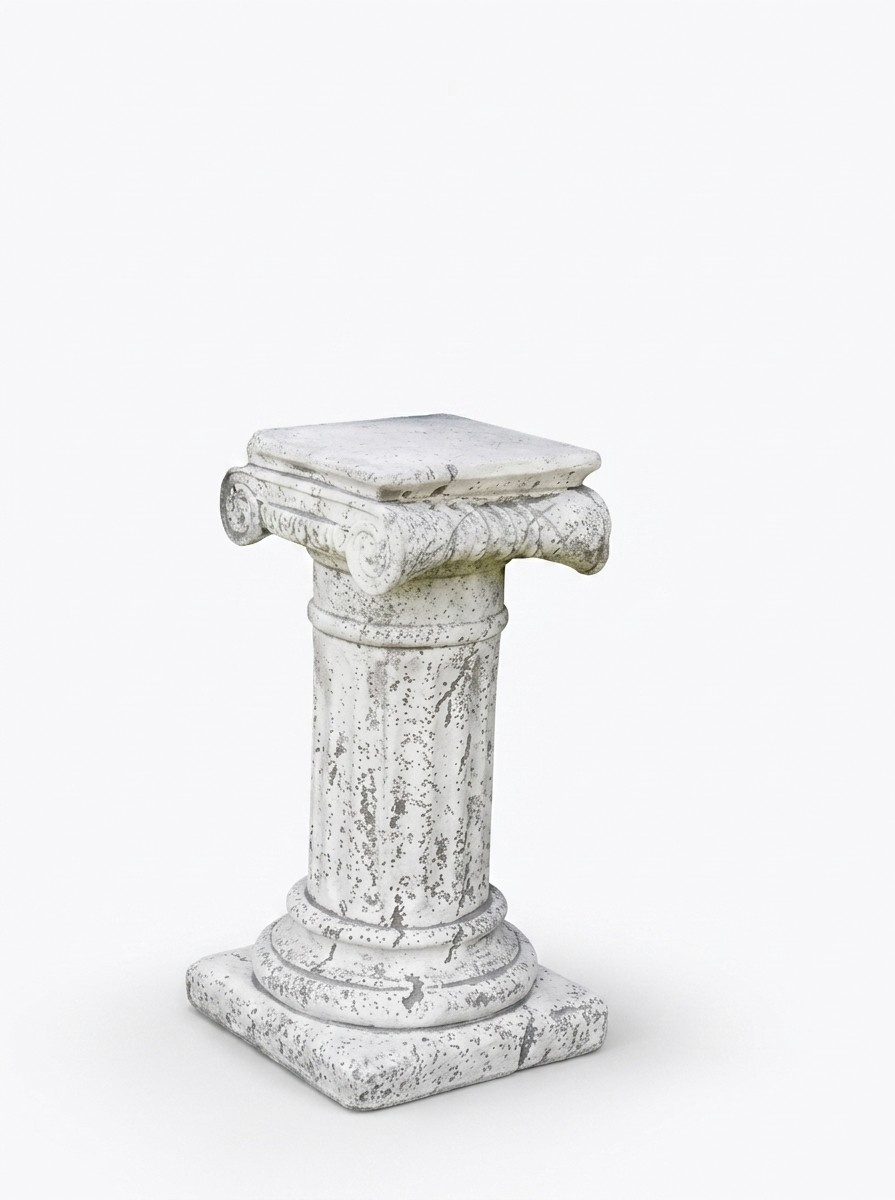 Decorative garden pedestal figure in antique greek ionic column style with natural obsolescence imitation