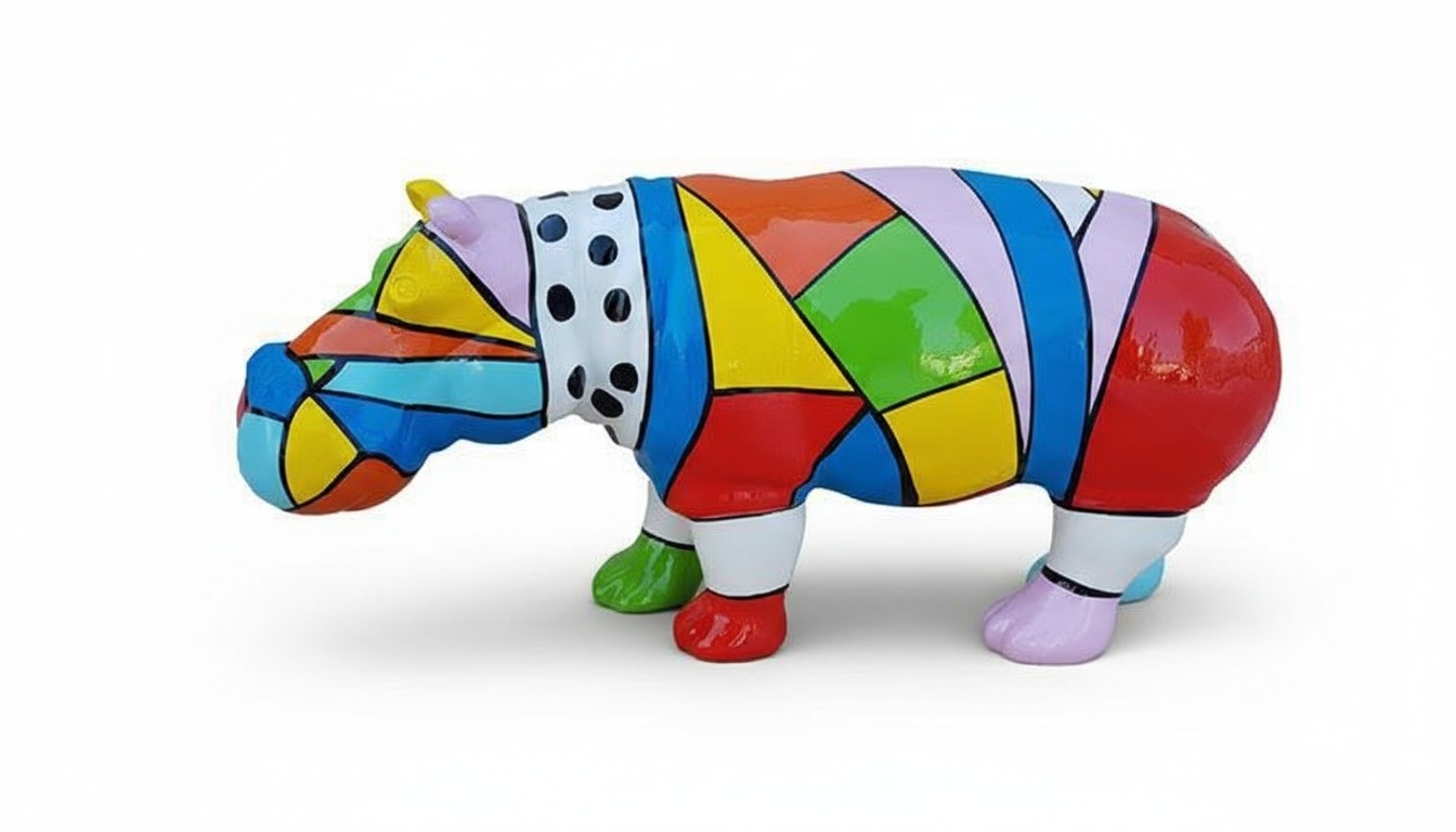 Decorative abstract sculpture designed as standing hippopotamus with colorful patterns 32x72cm
