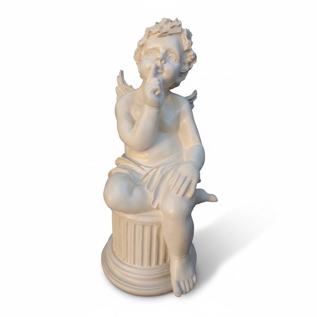 White colored antique style decorative sculpture of sitting on a column angel 65cm WG2020 N53