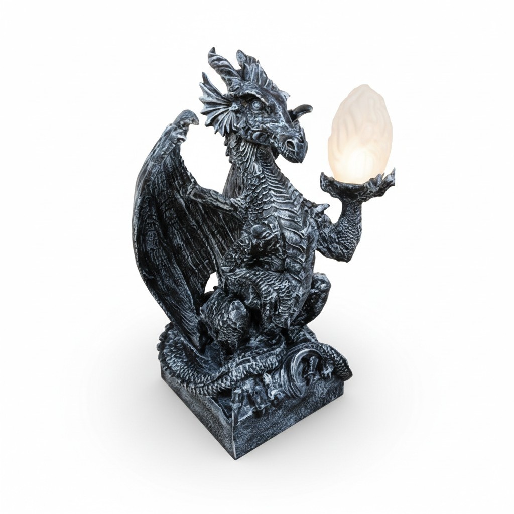 Decorative light sculpture designed as a dark grey colored dragon holding a lamp 75cm WG2020 N2