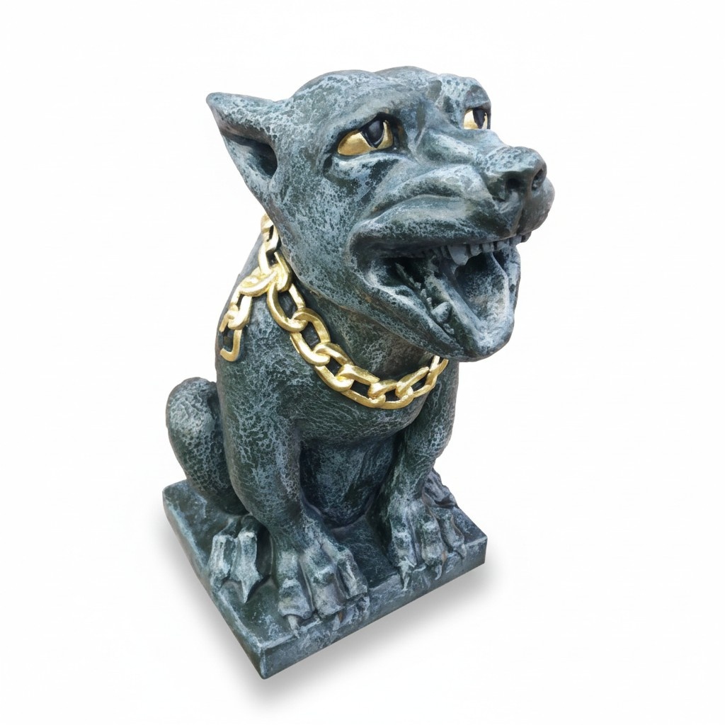 Decorative sculpture designed as a dark grey colored troll dog with a golden necklace 56cm G12