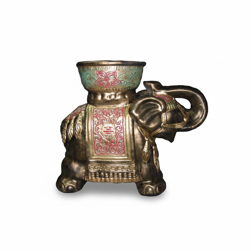 Decorative sculpture designed as a golden buddhist elephant with a bowl 43cm N18