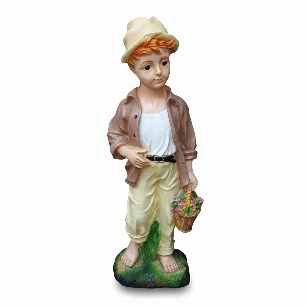 Colorful decorative figure designed as a barefoot boy with a basket of flowers 76cm P115