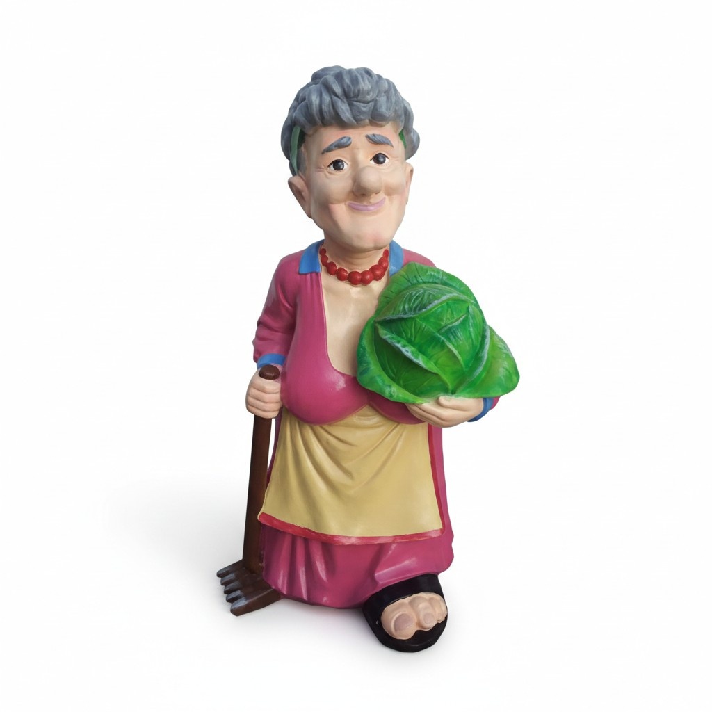 Decorative sculpture designed as grandmother gardener with rake & cabbage 87cm P100