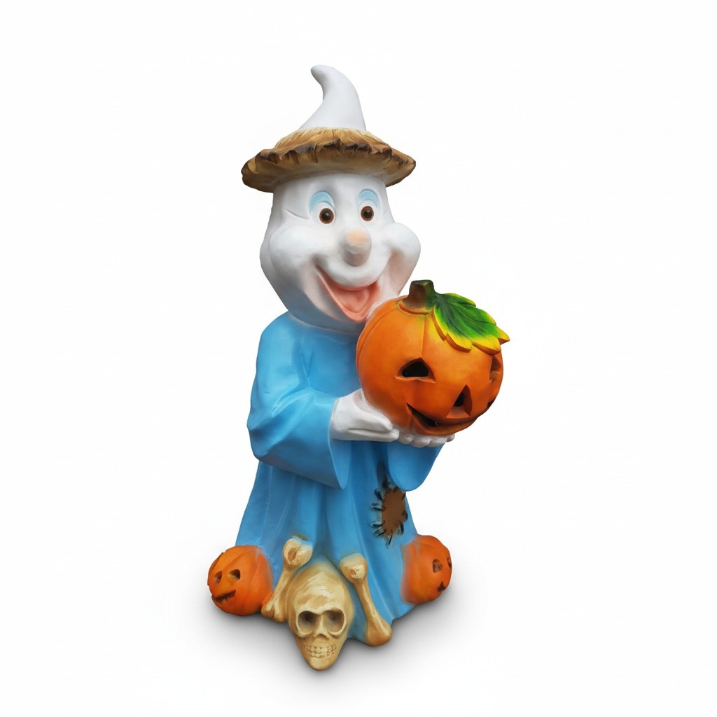 Halloween decorative sculpture designed as a cartoon ghost holding pumpkin 75cm