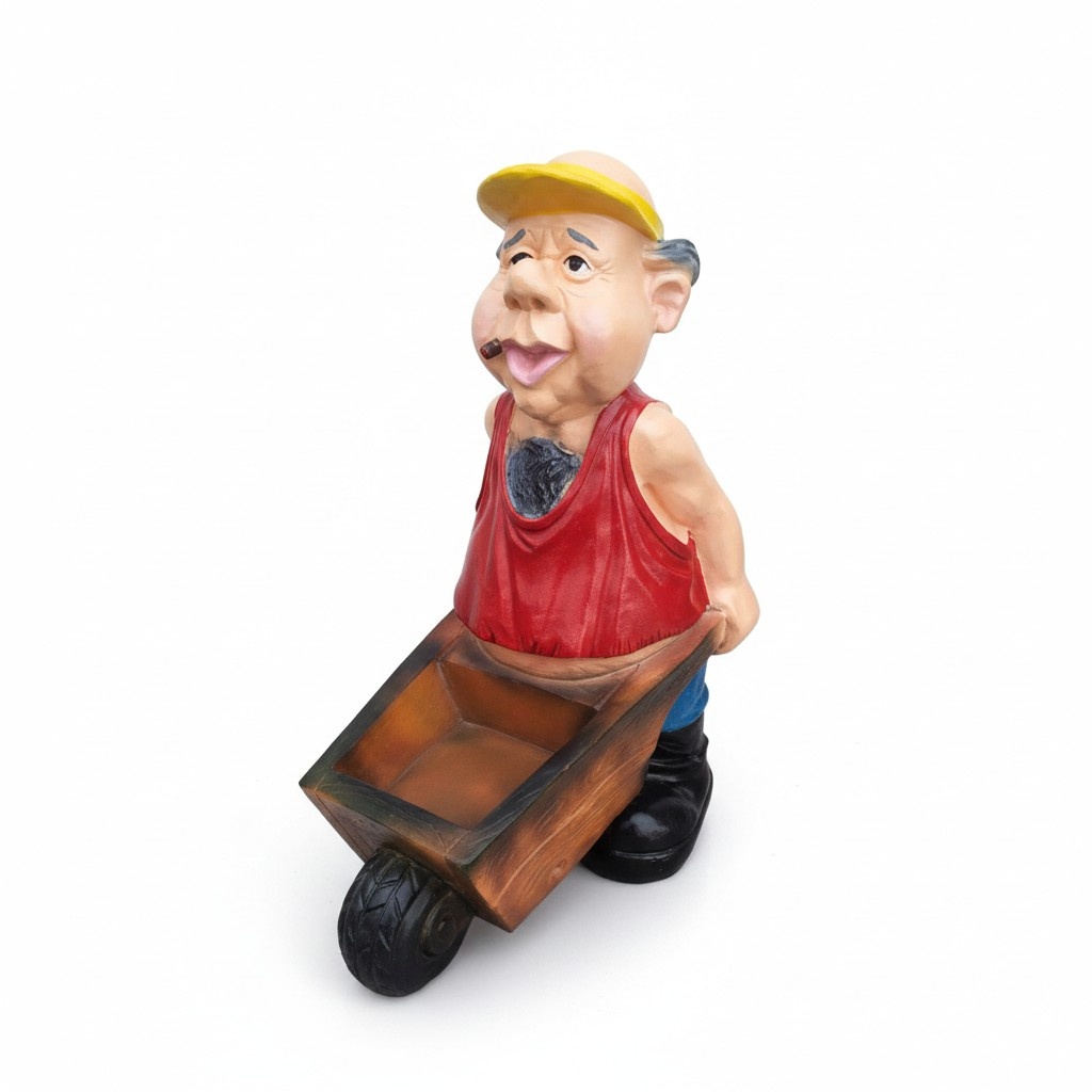 Decorative sculpture designed as a gardener in red t-shirt carrying a rectangular wheelbarrow 79cm K60