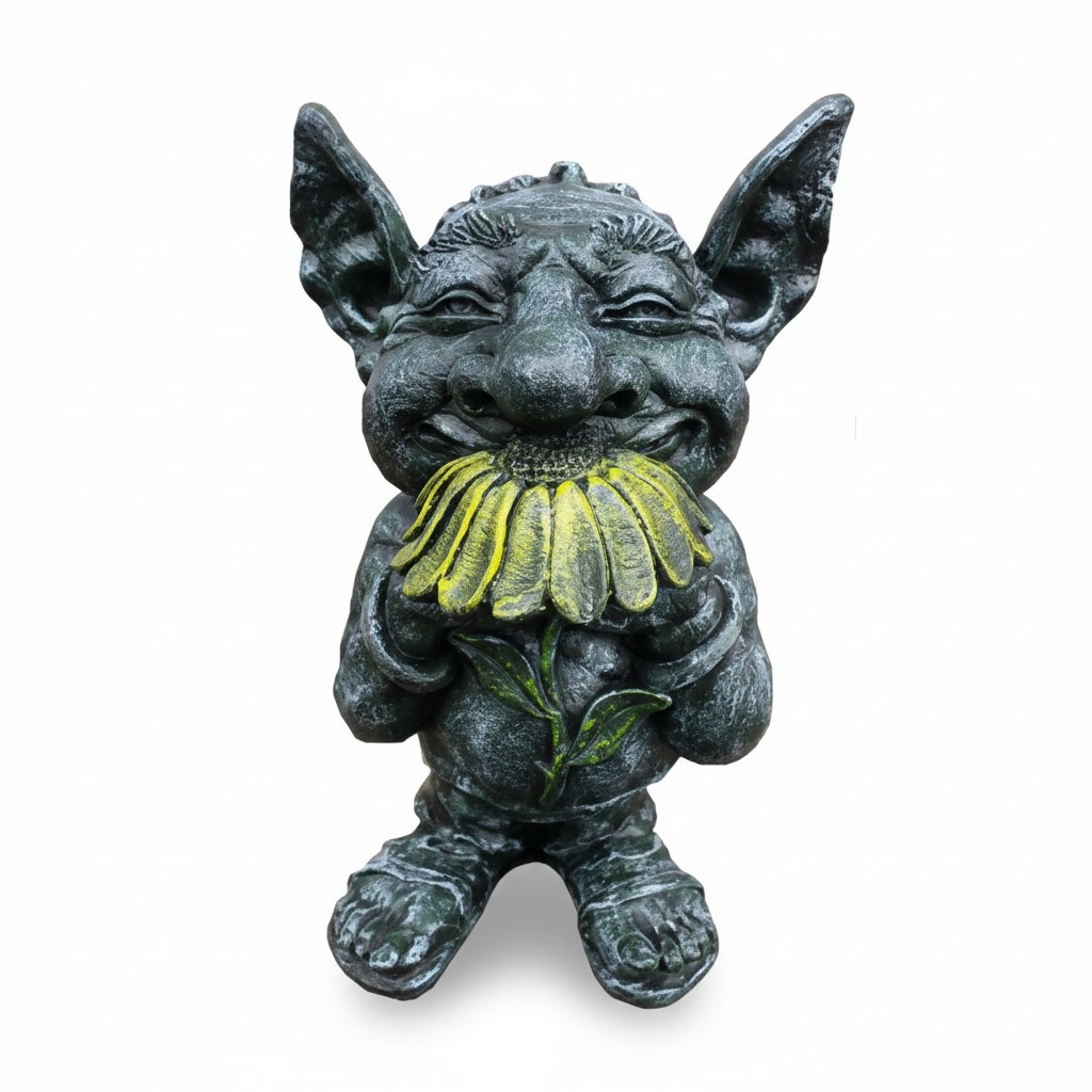 Decorative sculpture designed as a dark grey colored goblin with a sunflower 44cm G14