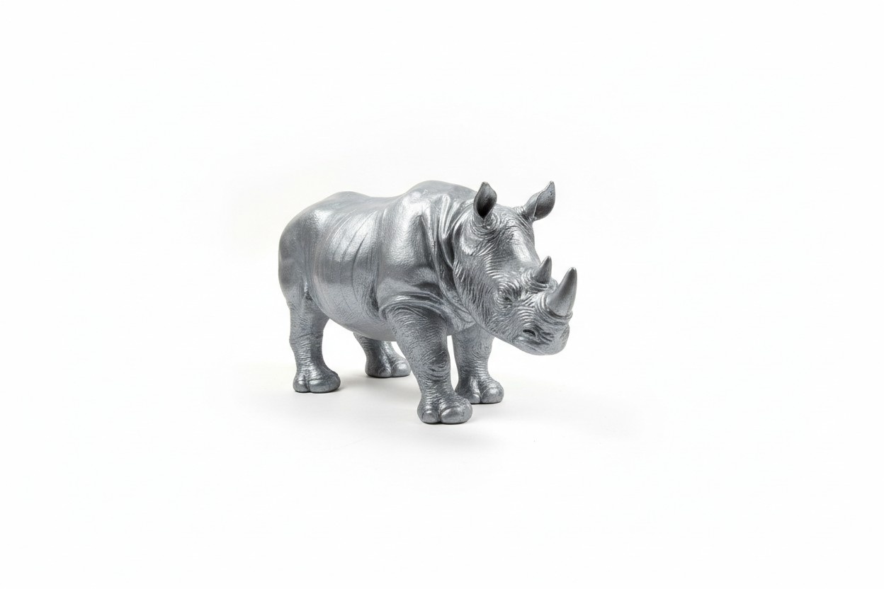 Decorative sculpture designed as full silver colored standing rhino 38x60cm