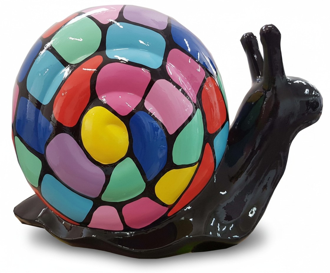 Decorative abstract sculpture designed as a gloss black snail with a shell in mosaic patterns colored (A706A)