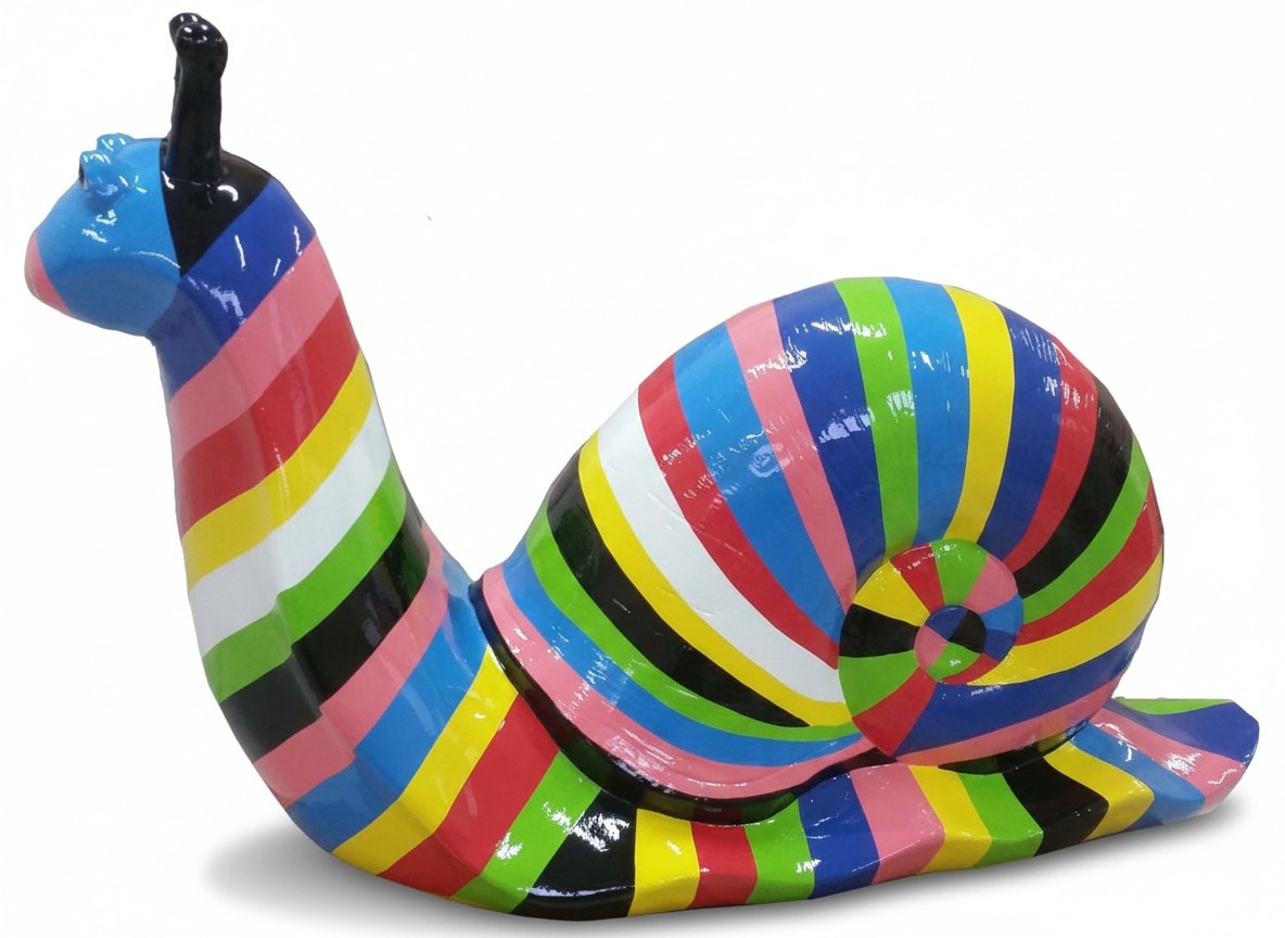 Decorative sculpture designed as a gloss snail in colorful stripes 100cm