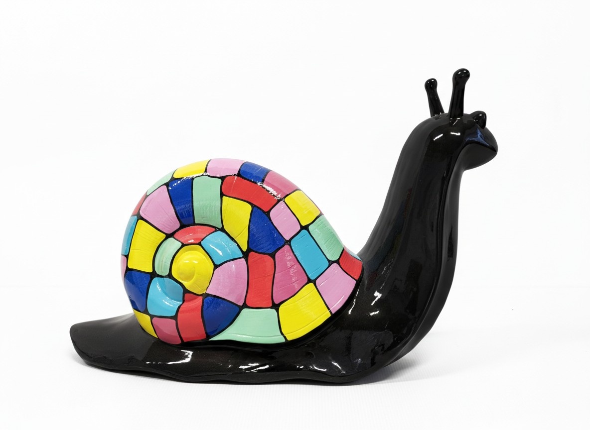 Decorative abstract sculpture designed as a gloss black snail with a colorful shell in mosaic patterns 100cm