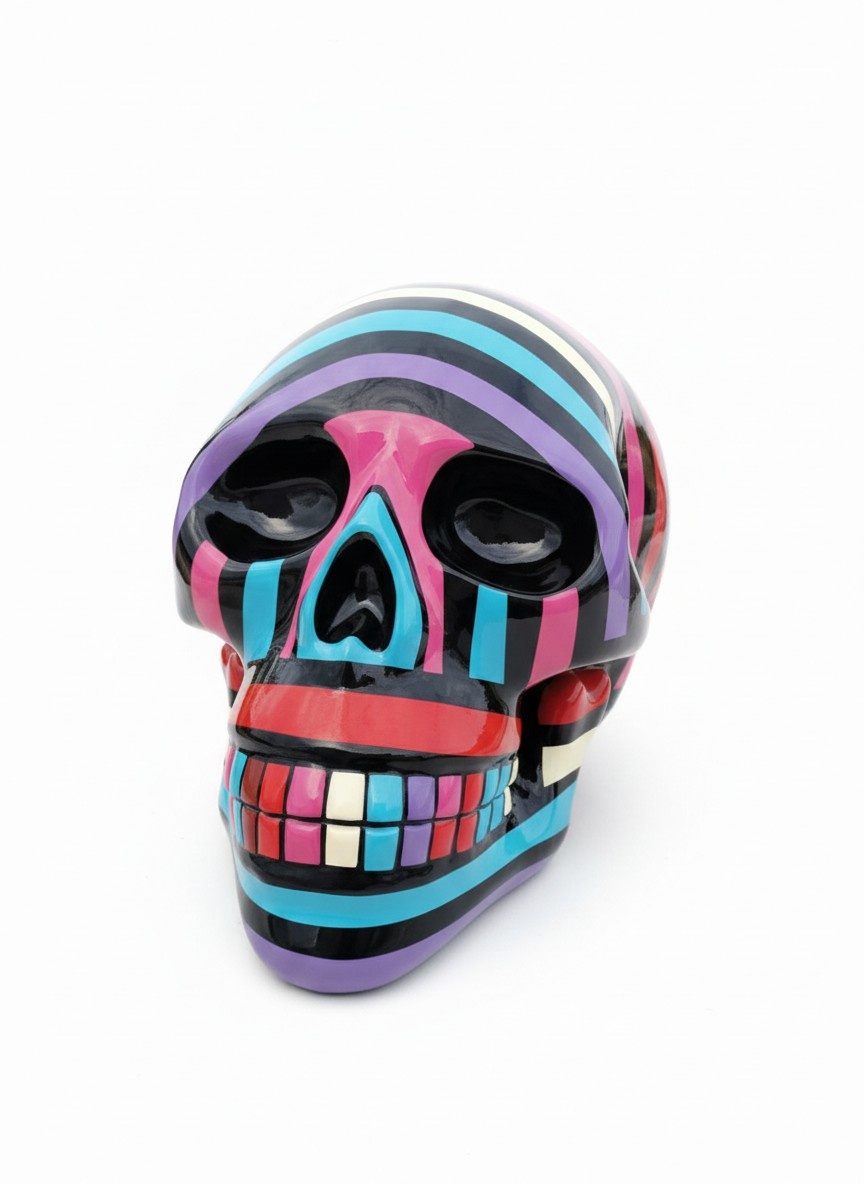 Abstract decorative sculpture designed as a black gloss skull in colorful stripes 58cm