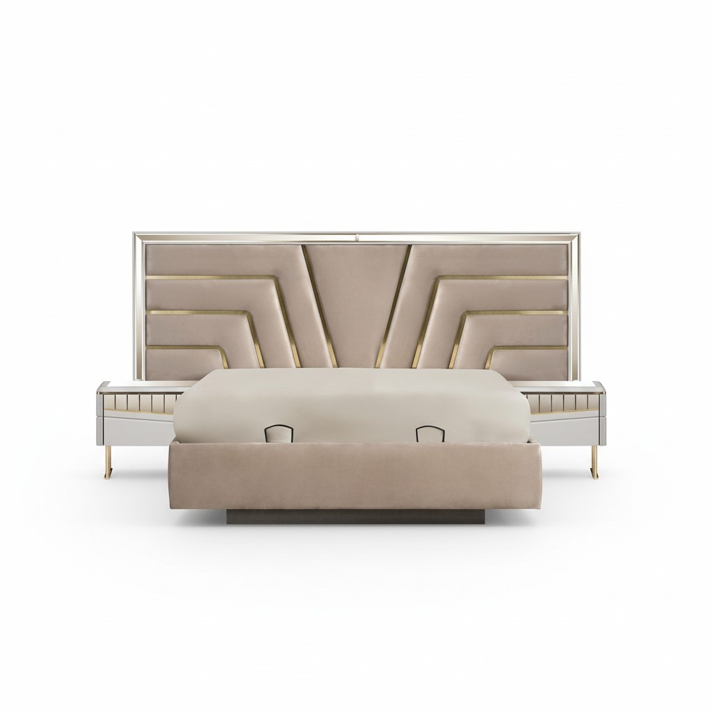 Beige Bedroom Bed Designer 2x Bedside Tables Stylish Set 3pcs