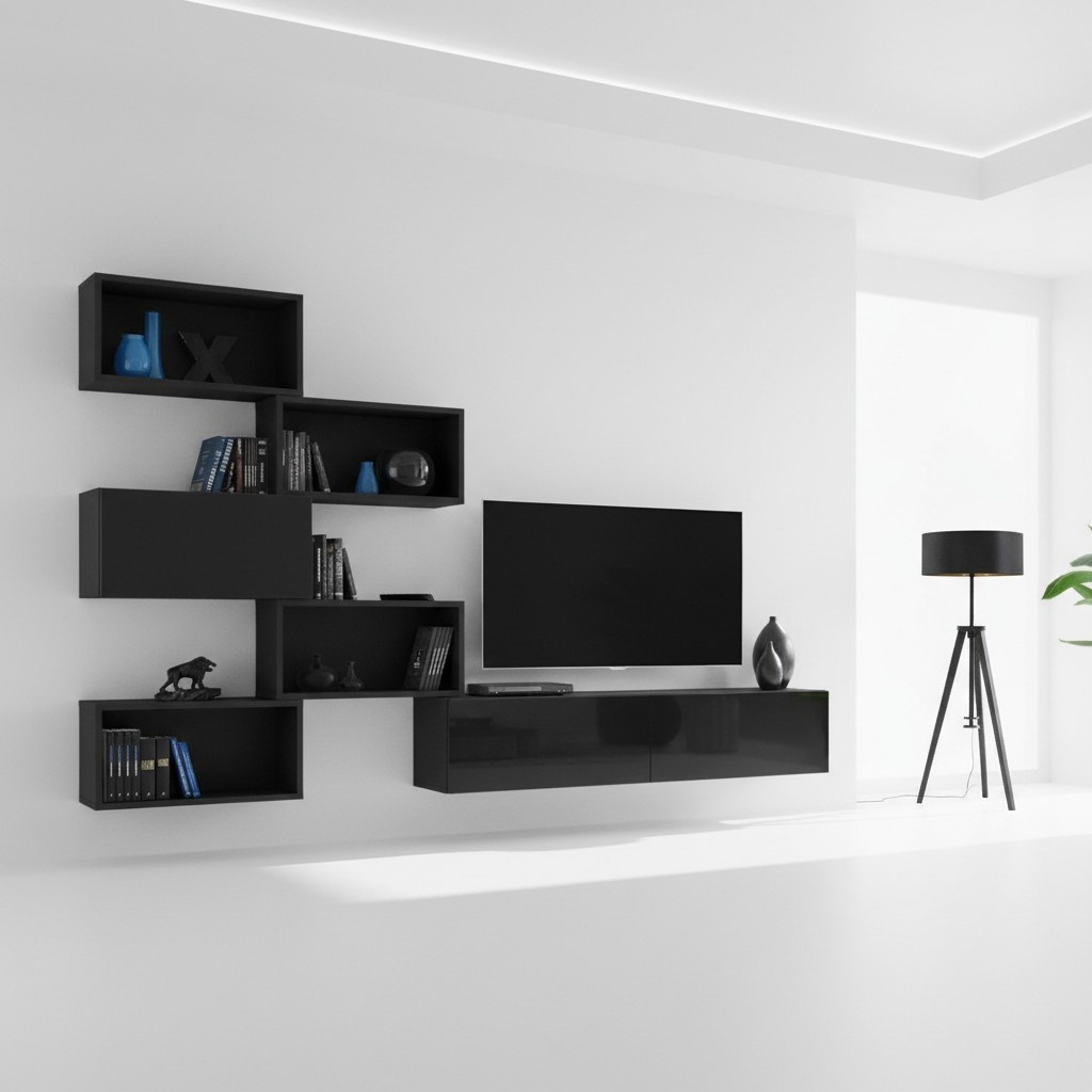 Black living room wall lowboard modern TV stand wall shelf