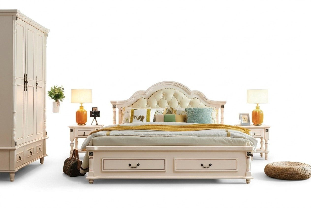 Design 3pcs Set Bedroom Bedside Table Wood Designer Bed Luxury Classic New