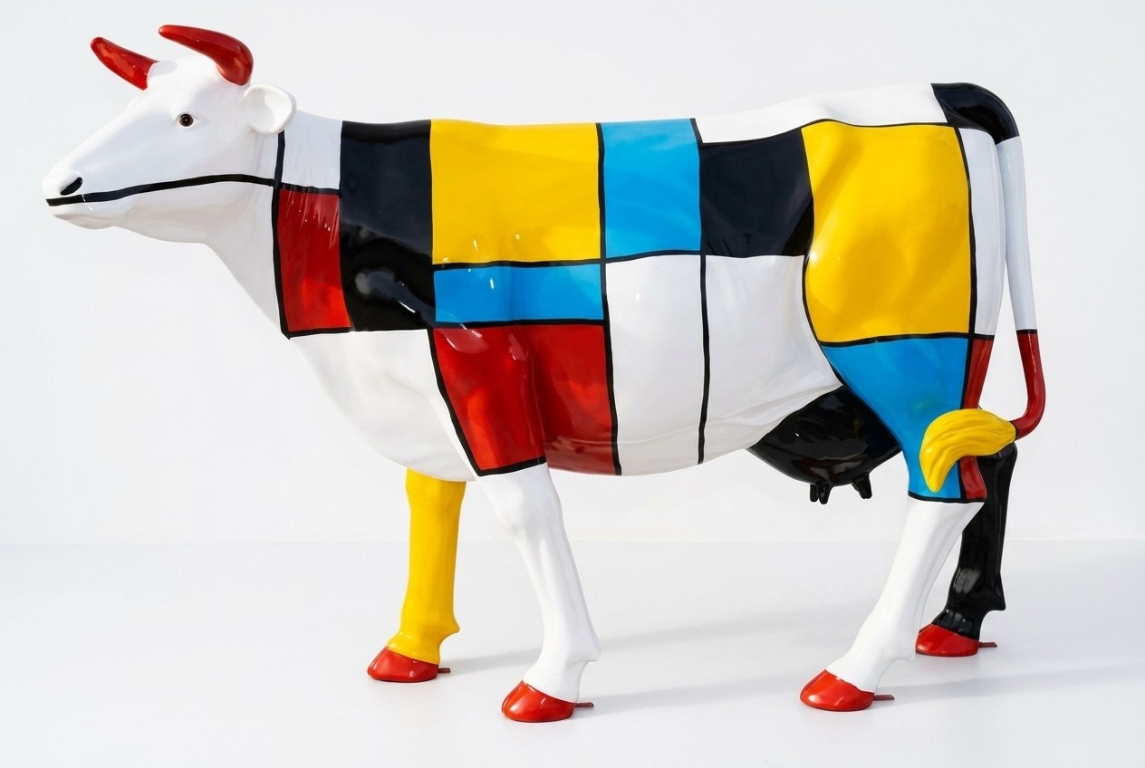 Abstract decorative white cow figure sculpture in multi-color painted 216 cm length