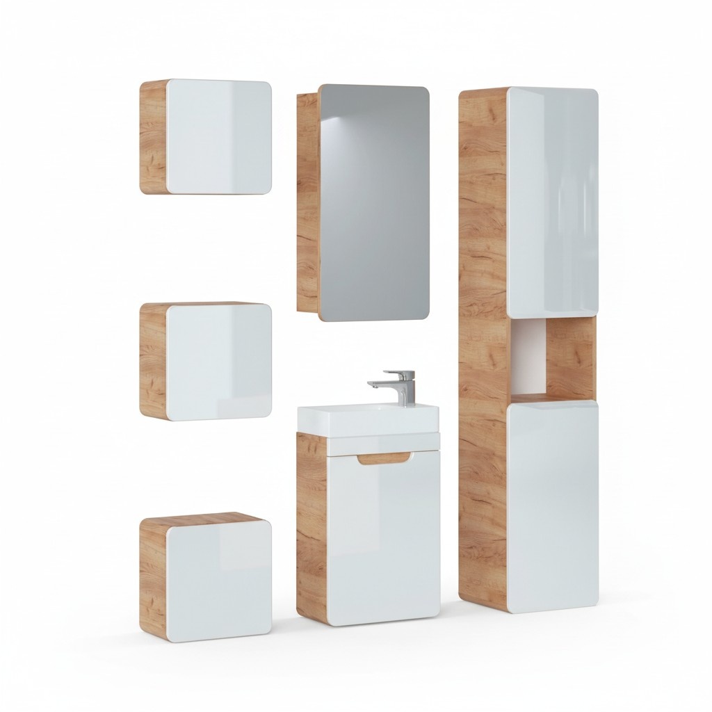 Design bathroom furniture bathroom 6 pieces. Set set of cabinet washbasin lighting