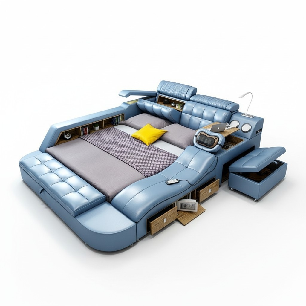 Design Bed XXL Big Leather Hotel Upholstery 180x200 Multifunction Shelf Beds New