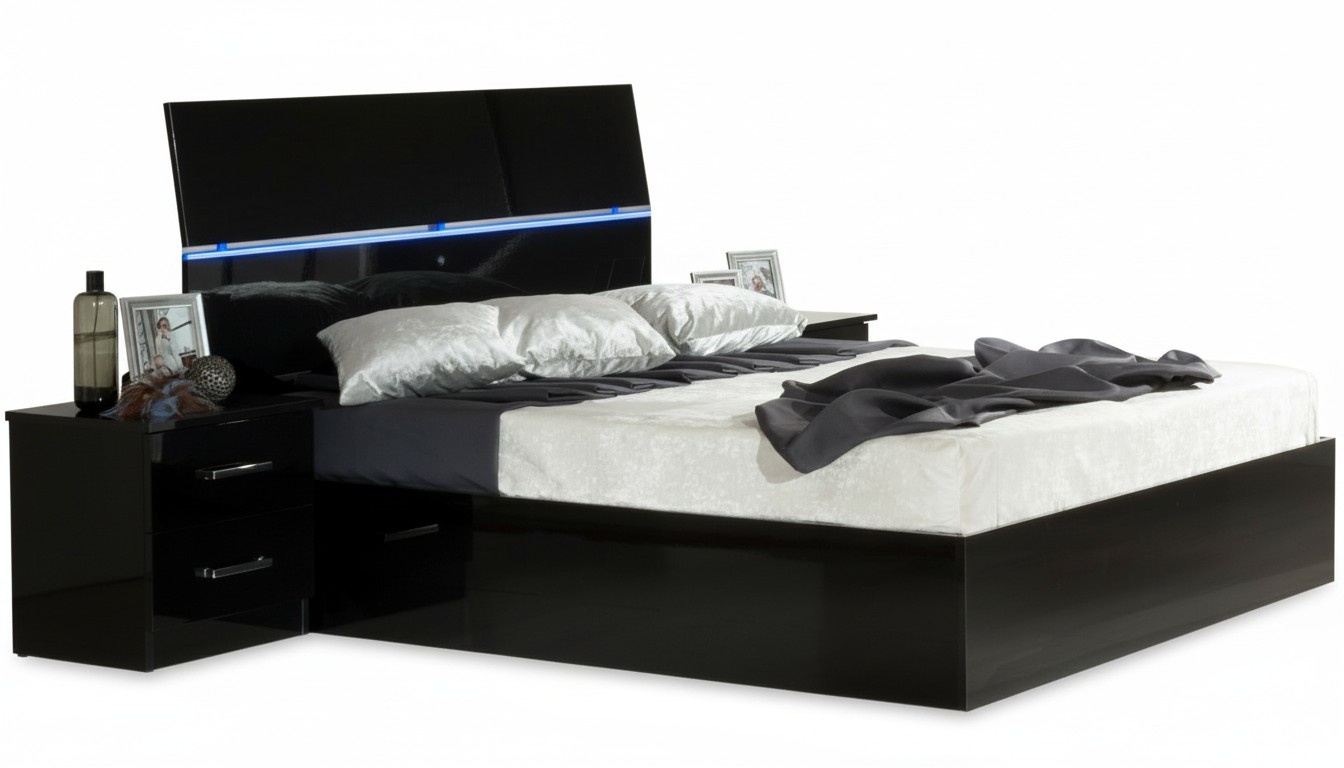 Bedroom set of massive double bed with LED light & 2x-bedside tables made of real gloss wooden frame