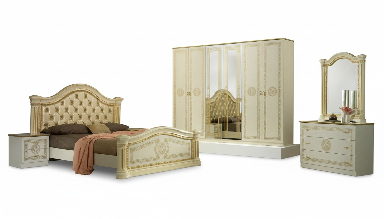 Empire style bedroom set of chesterfield design massive double bed & 2x-bedside tables
