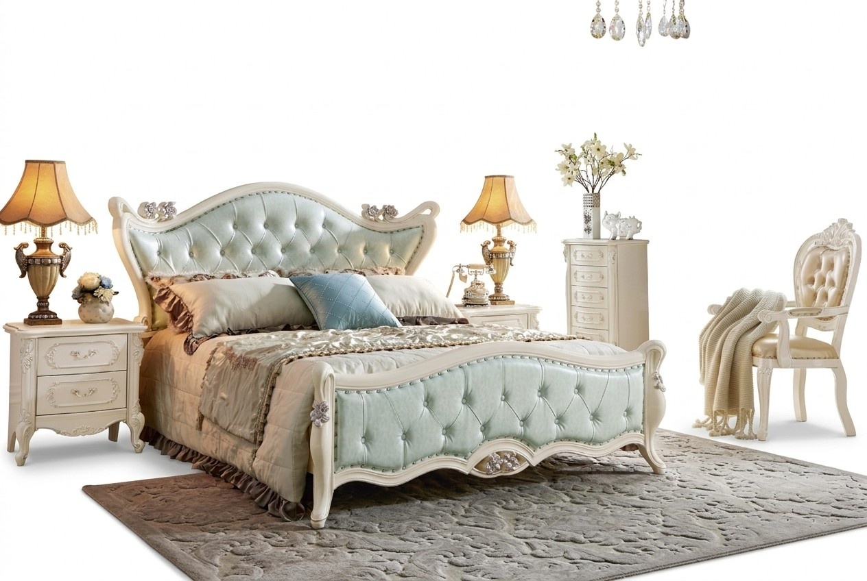 Design Bedroom 5 Piece Bed Bedside Table Complete Baroque Wardrobe Real Wood