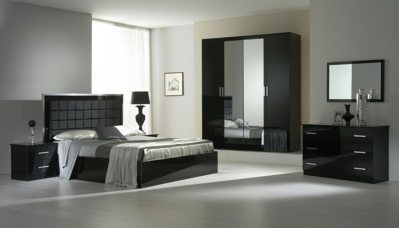 Modern style made of real wooden bedroom set of double bed, 2x bedside tabes, wardrobe, dressing table & wall mirror