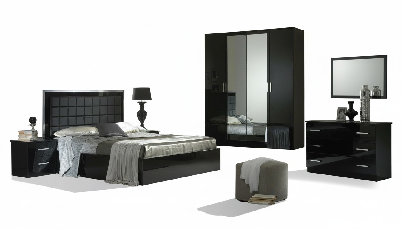 Modern style made of real wooden bedroom set of double bed, 2x bedside tabes, wardrobe, dressing table & wall mirror