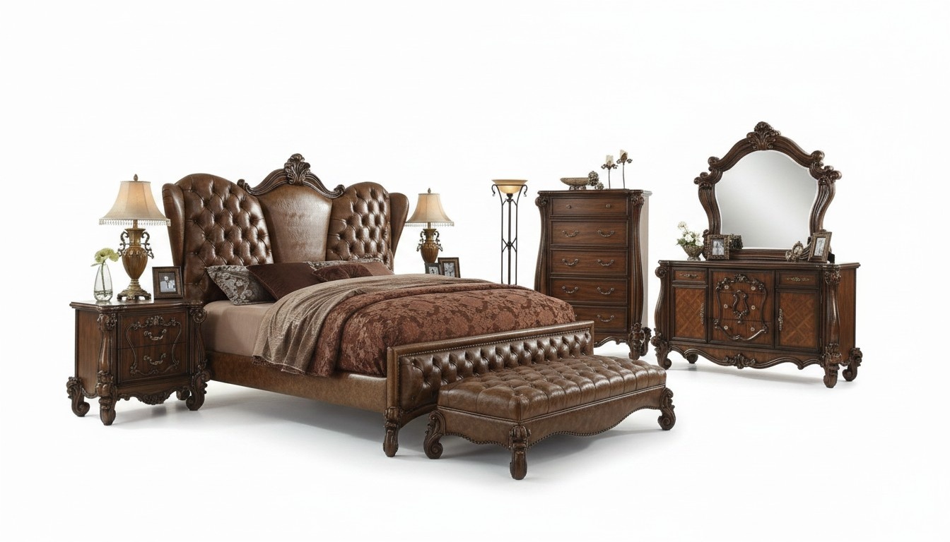 Classic brown bedroom set bed nightstand dresser mirror bench new