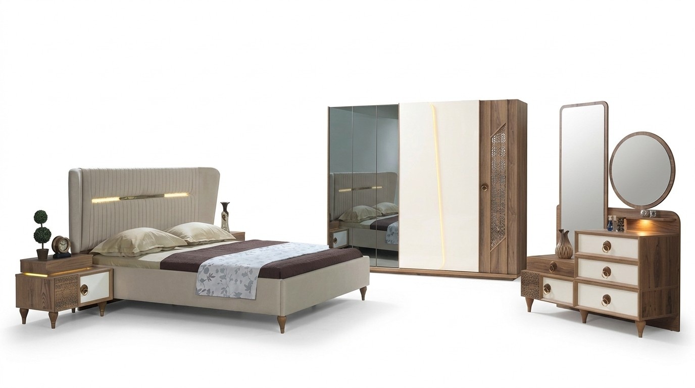 Design bedroom set bed bedside tables dresser closet 5pcs.