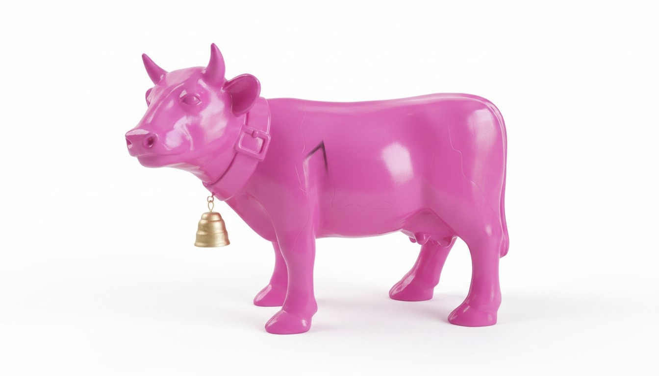 Decorative garden sculpture designed as full pink colored cow figure with a bell c664r