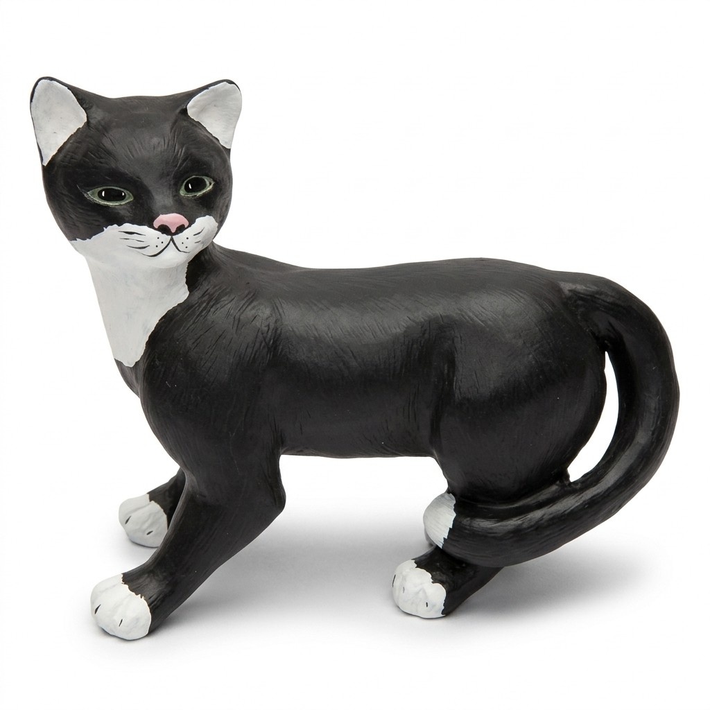 Motley black white colored cat figure with green eyes 39x46cm