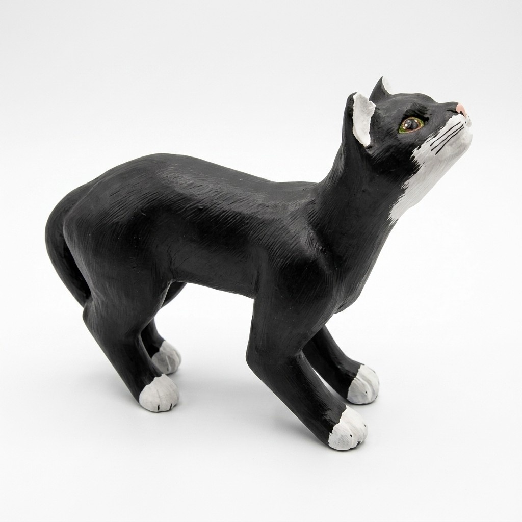 Motley black white colored decorative cat sculpture with green eyes 42x60cm