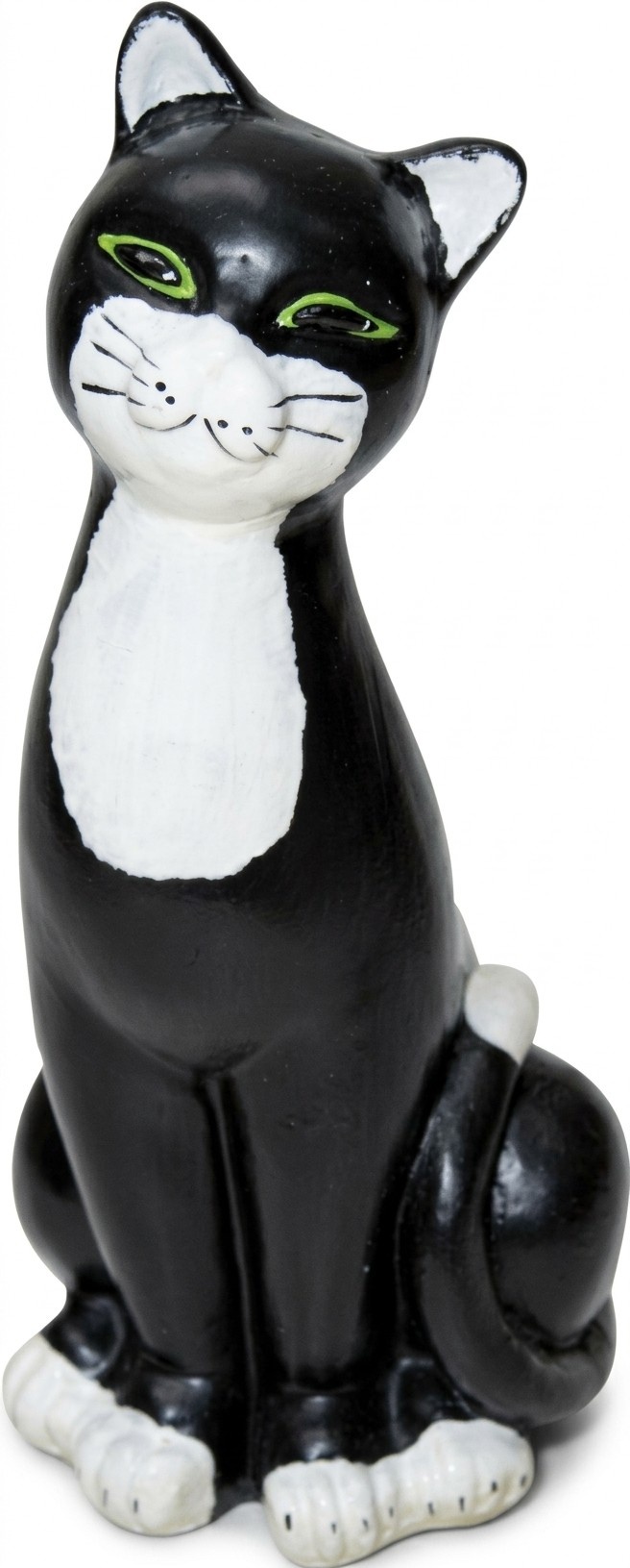 Decorative sculpture designed as sitting motley black white colored cat with green eyes 48cm height C772