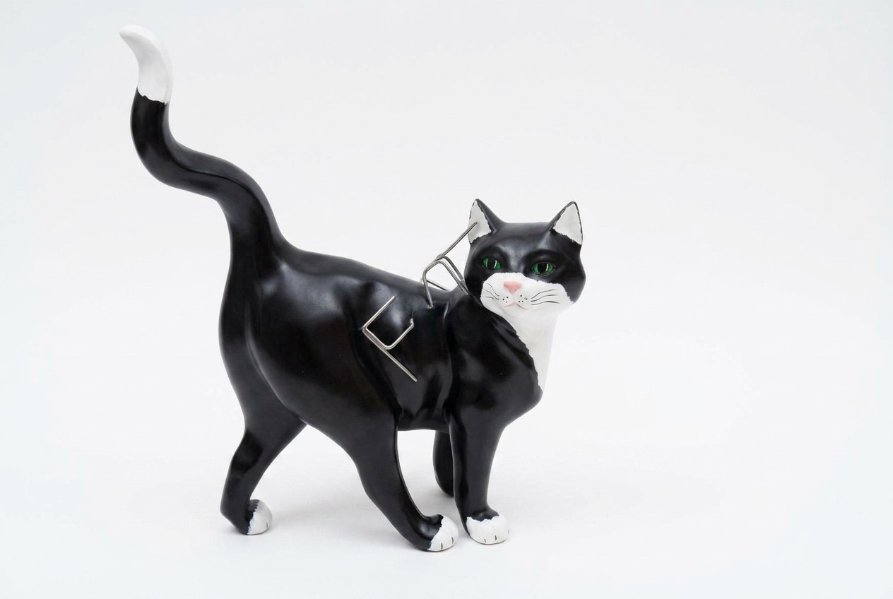 Decorative sculpture designed as motley black white colored walking cat 50 x 40 x 18 cm