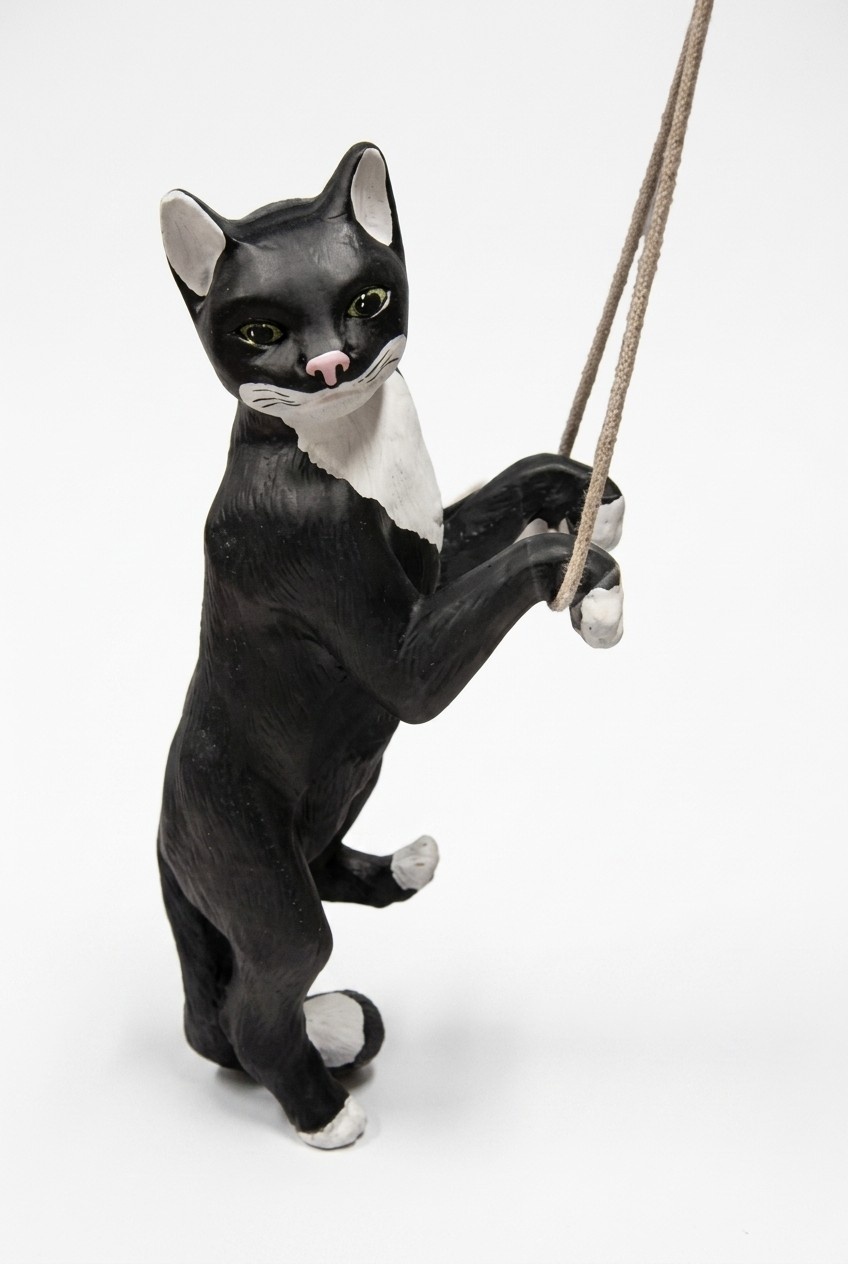 Decorative sculpture designed as motley black white colored cat on a rope 62cm height C100