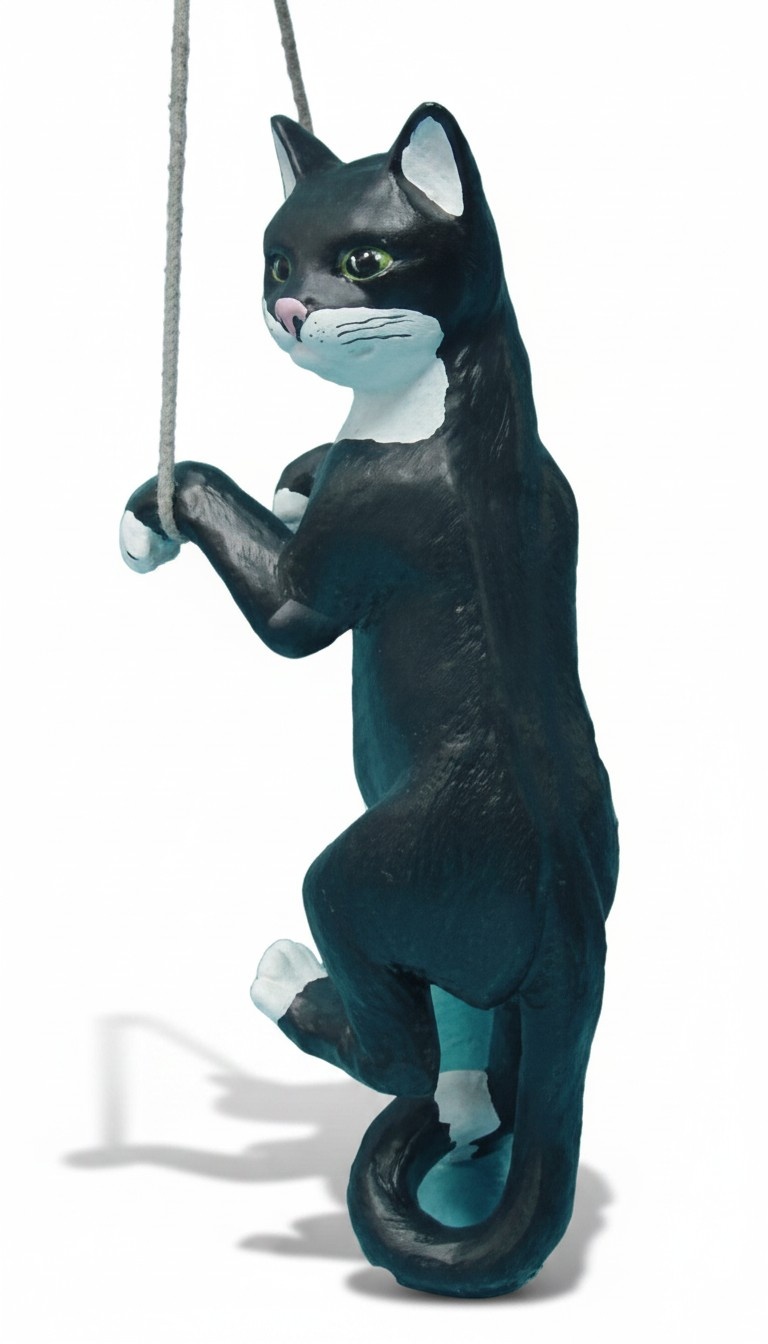 Climbing cat on a rope motley black white colored sculpture with green eyes 62cm height