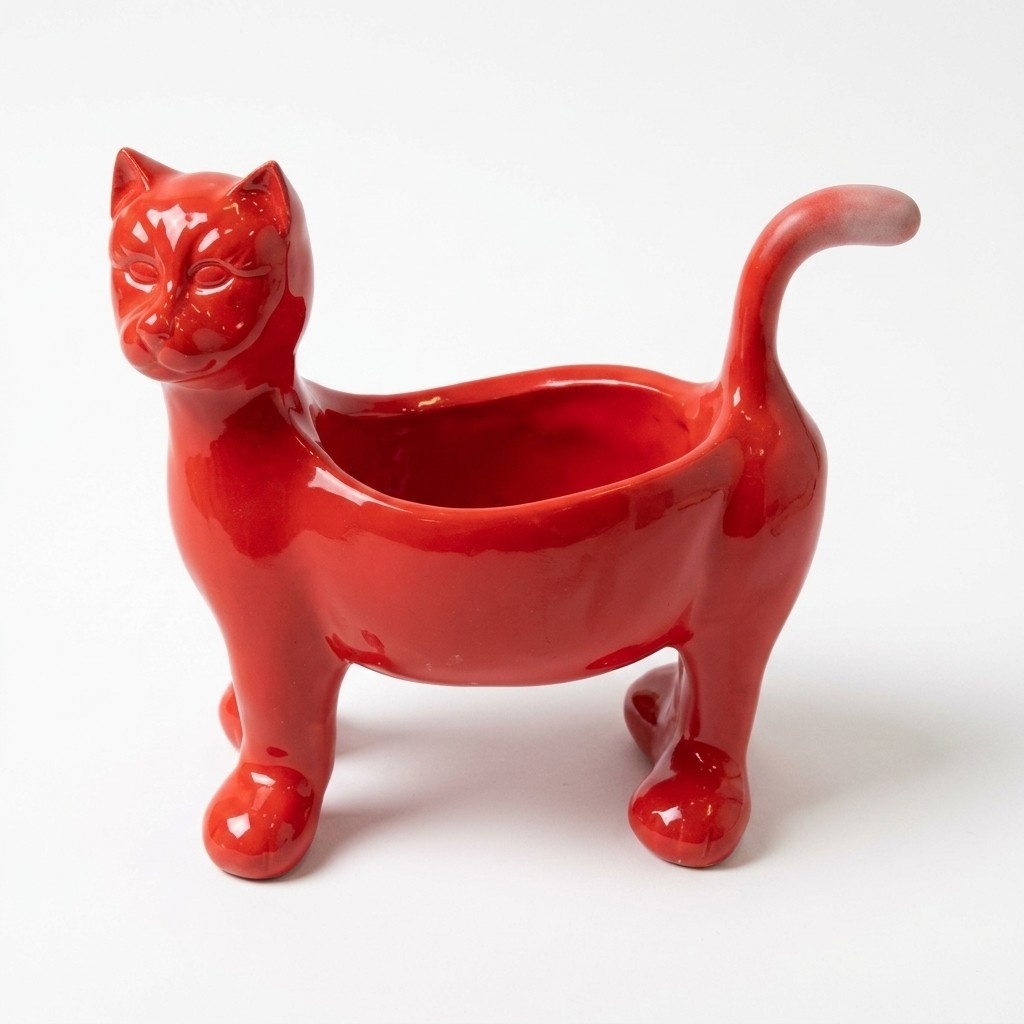 Decorative sculpture designed as gloss full red colored cat figure 68cm