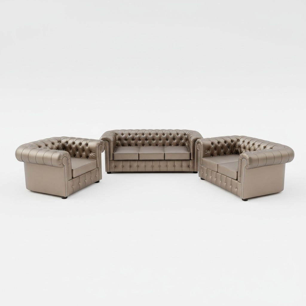 Chesterfield Complete Sofa Set 3+2+1 Seaters With Cushions Gold Faux Leather New Living Room