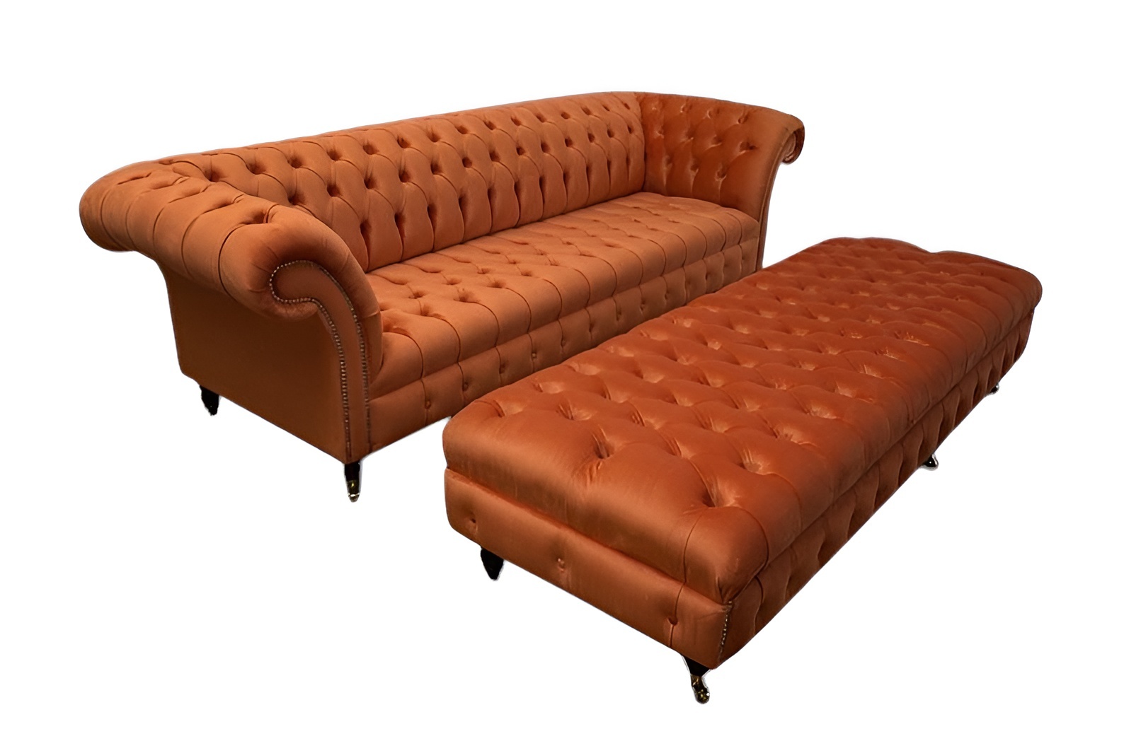 Chesterfield Sofa Set 4-Seater + XXL Ottoman Stool New Orange Textile Upholstered Comfortable
