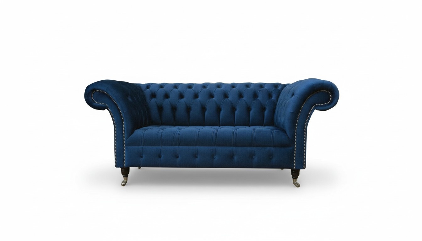 Design Chesterfield Sofa Set 2 Seater Couch Textile Blue Upholstery Sofas Blue