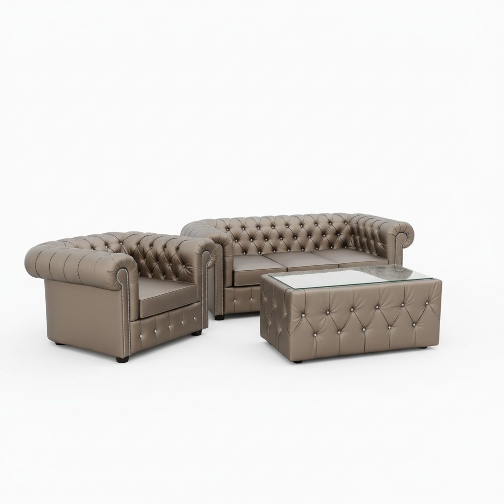 Design Chesterfield Sofa Set 3+1 + Coffee Table Couch Upholstery Gold Leather Sofa
