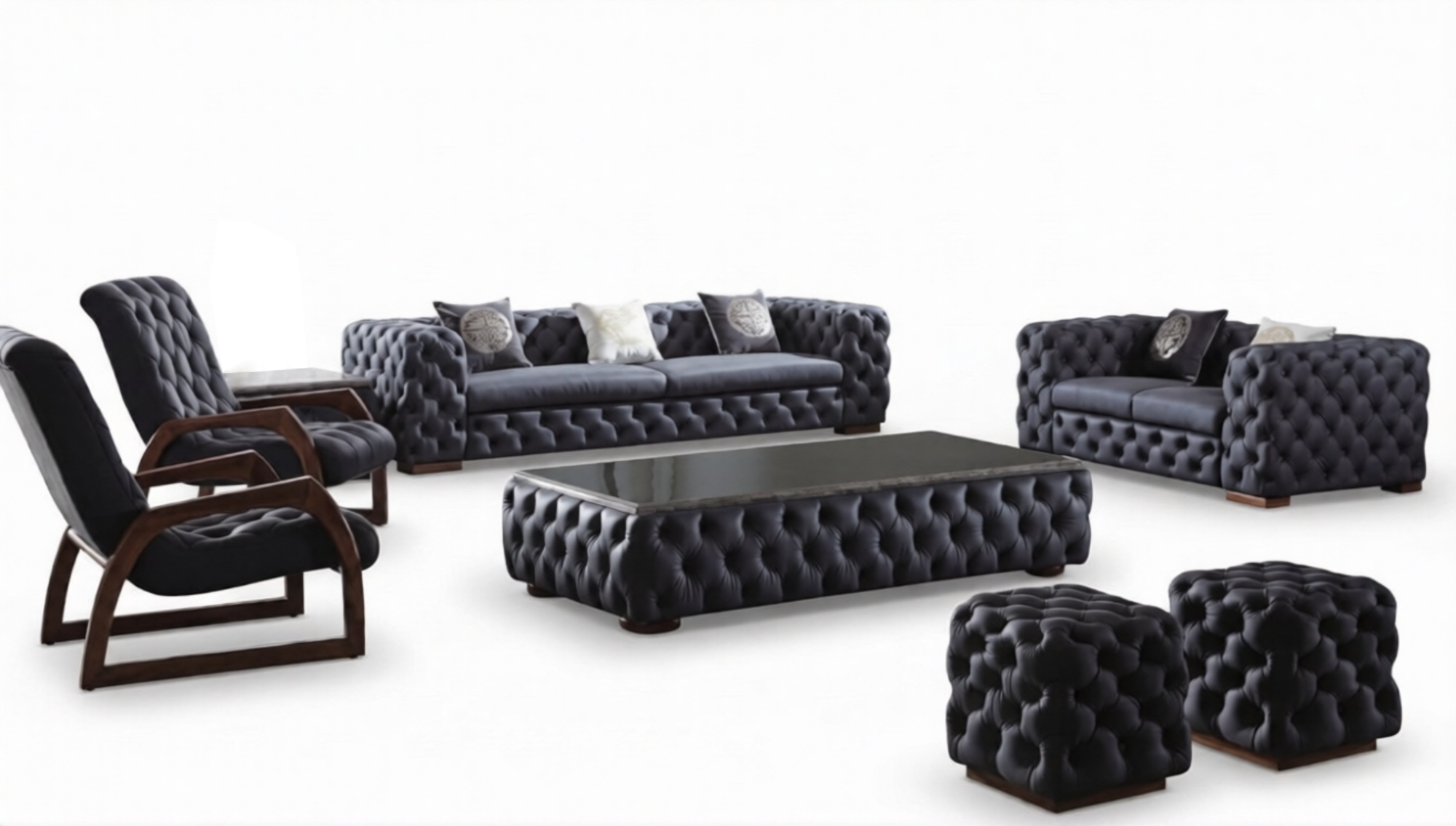 Chesterfield Sofa Set 3+2 Seaters Grey Black Couches Faux Leather Upholstered New