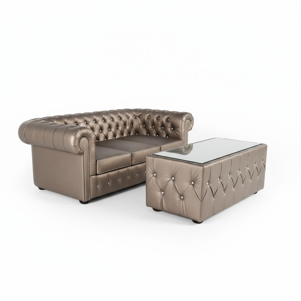 Chesterfield Sofa 3-Seater + Coffee Table Faux Leather Living Room Set Gold New