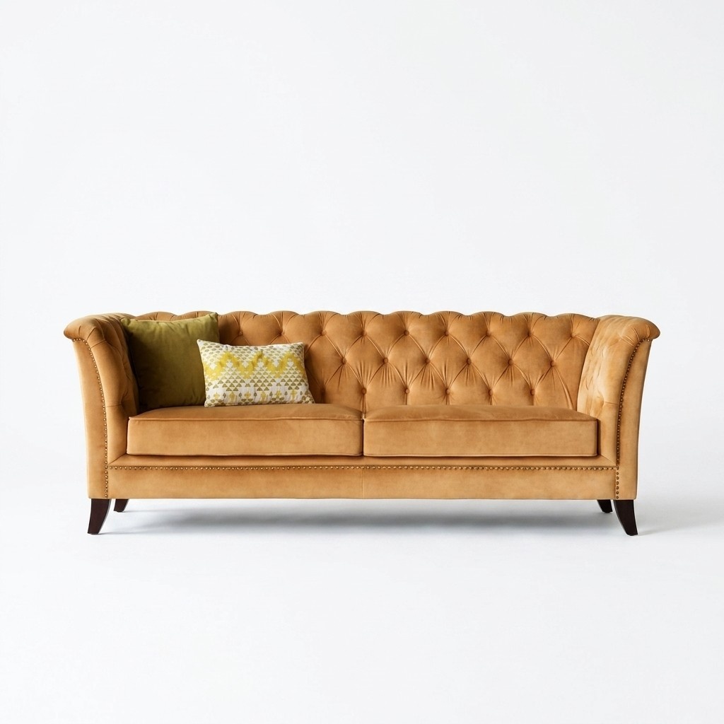 Design Chesterfield sofa 3-seater textile couch upholstery New Brown with Cushions