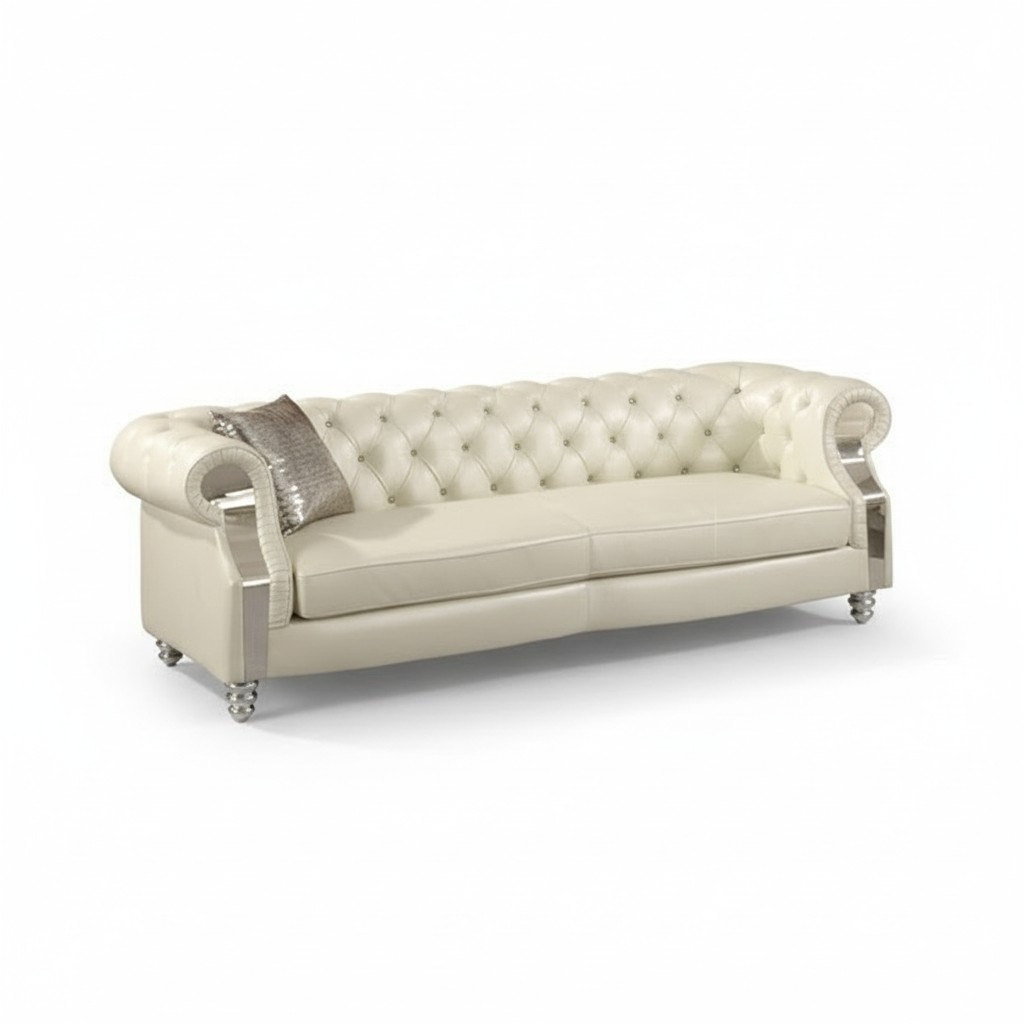 Chesterfield Classic Sofa 3-Seater Beige Faux Leather Upholstered Living Room Couch With Cushions New