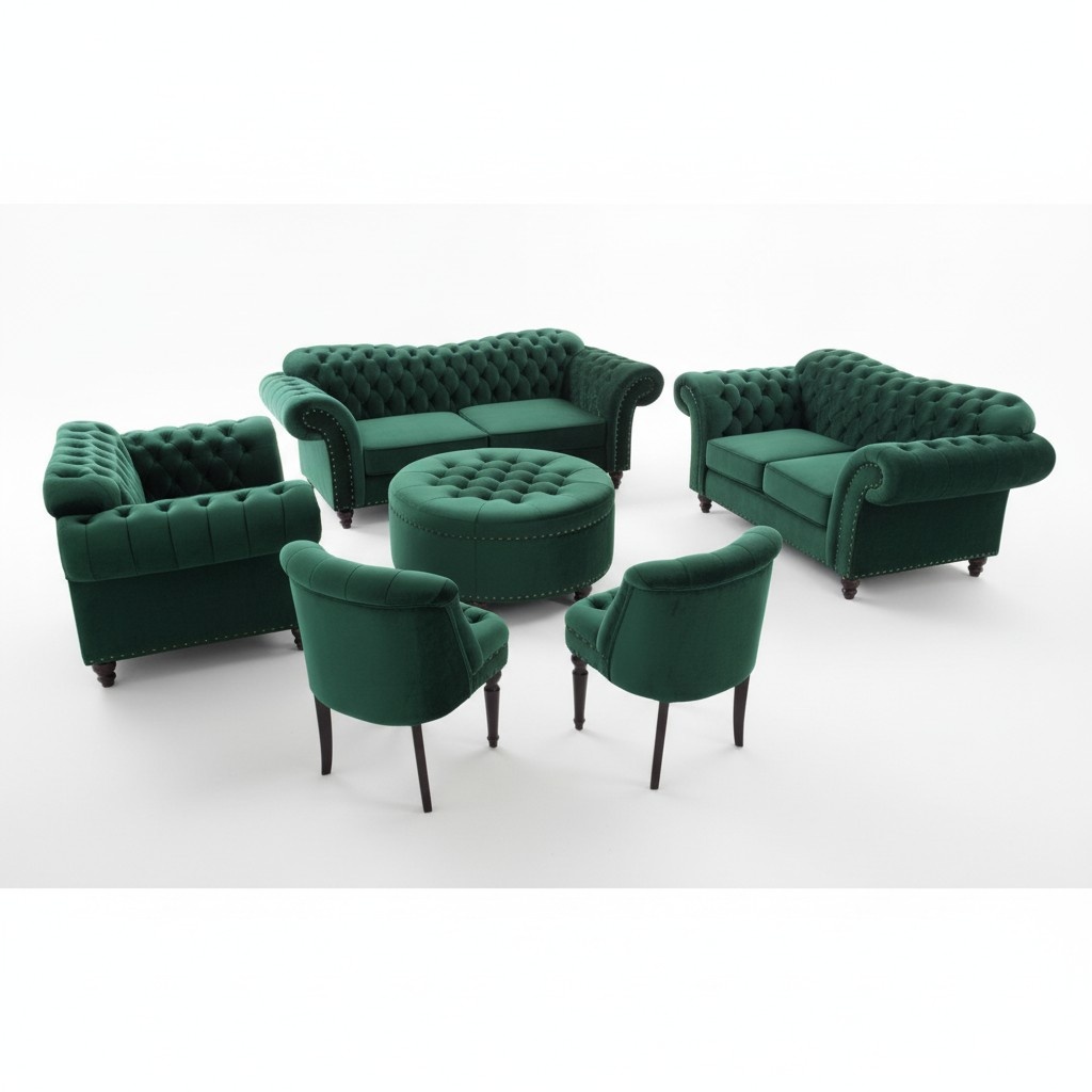 Chesterfield Sofa Set 3+2+1 Seaters + Stools + 2x Chairs Textile Green 6-Piece Living Room Furniture Set New